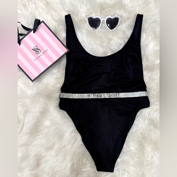 Victoria’s Secret Black High-Leg One-Piece Swimsuit w/Rhinestone Logo Band - Picture 2 of 7